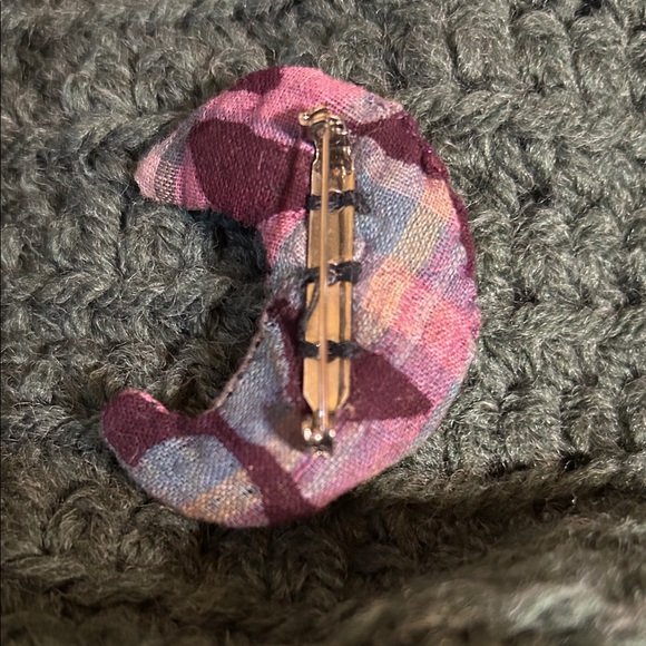 Plaid Fabric Moon Brooch with Rhinestones - Picture 2 of 3